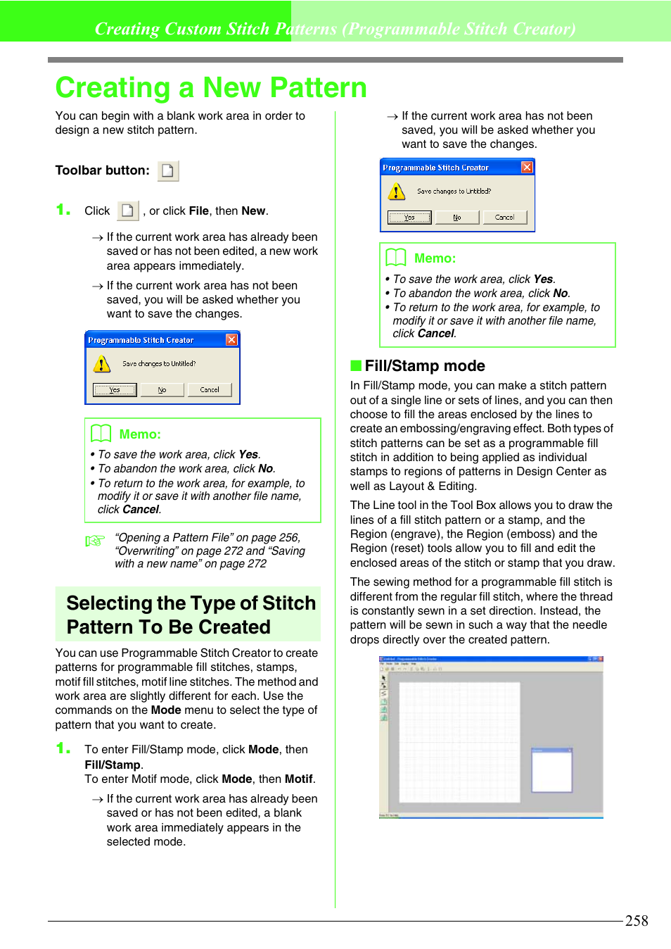 Creating a new pattern, Selecting the type of stitch pattern to be created | Brother PE-DESIGN V7 User Manual | Page 264 / 361