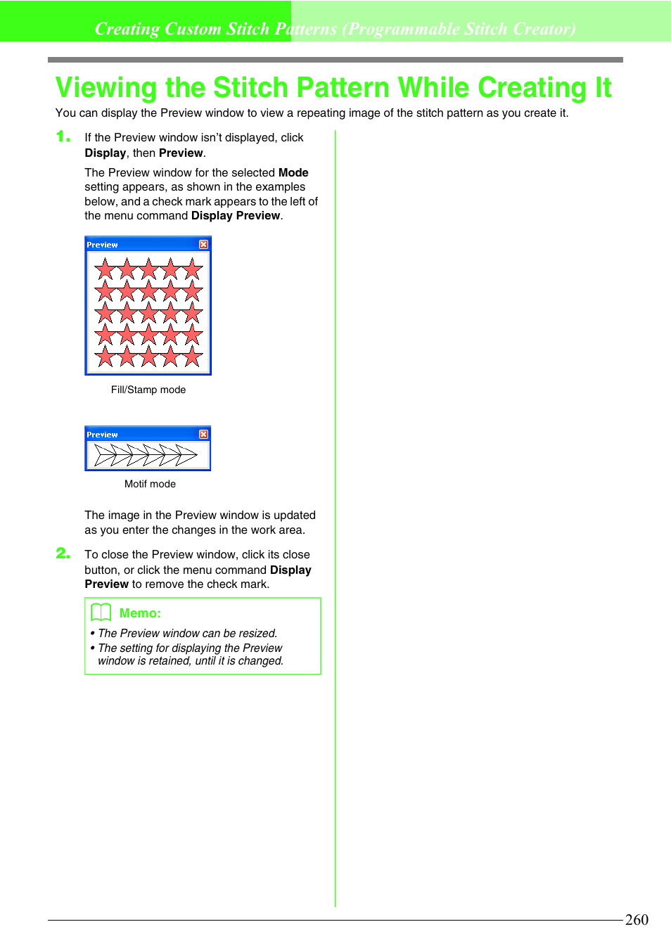 Viewing the stitch pattern while creating it | Brother PE-DESIGN V7 User Manual | Page 266 / 361