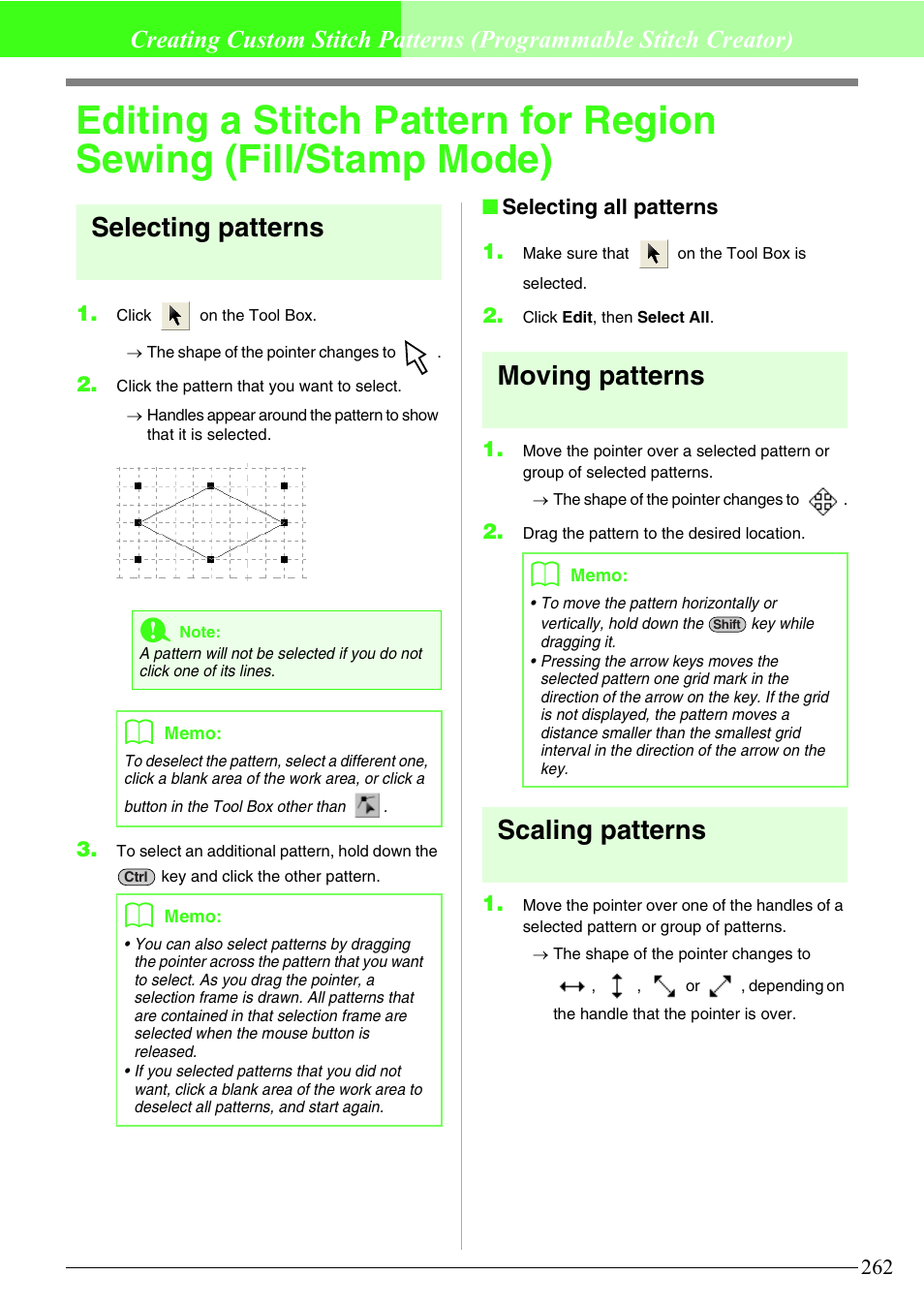 Selecting patterns, Moving patterns, Scaling patterns | Brother PE-DESIGN V7 User Manual | Page 268 / 361