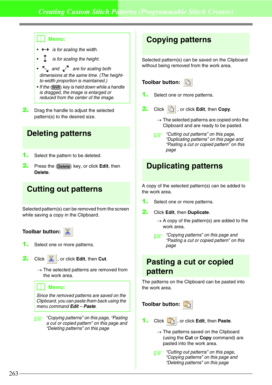 Deleting patterns, Cutting out patterns, Copying patterns | Duplicating patterns, Pasting a cut or copied pattern | Brother PE-DESIGN V7 User Manual | Page 269 / 361