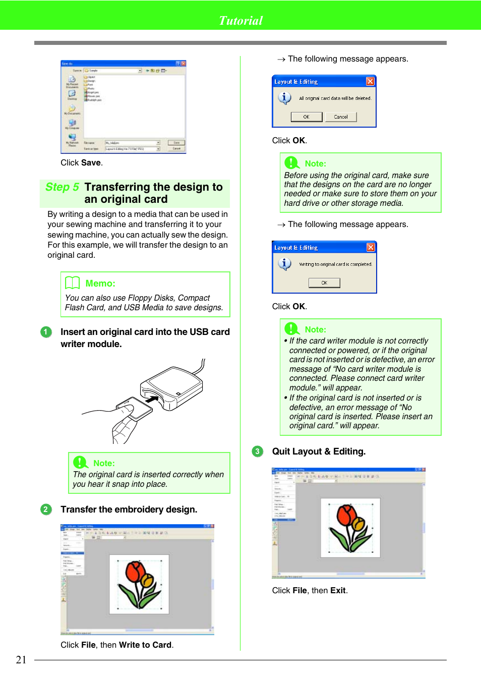 Tutorial, Step 5 transferring the design to an original card | Brother PE-DESIGN V7 User Manual | Page 27 / 361