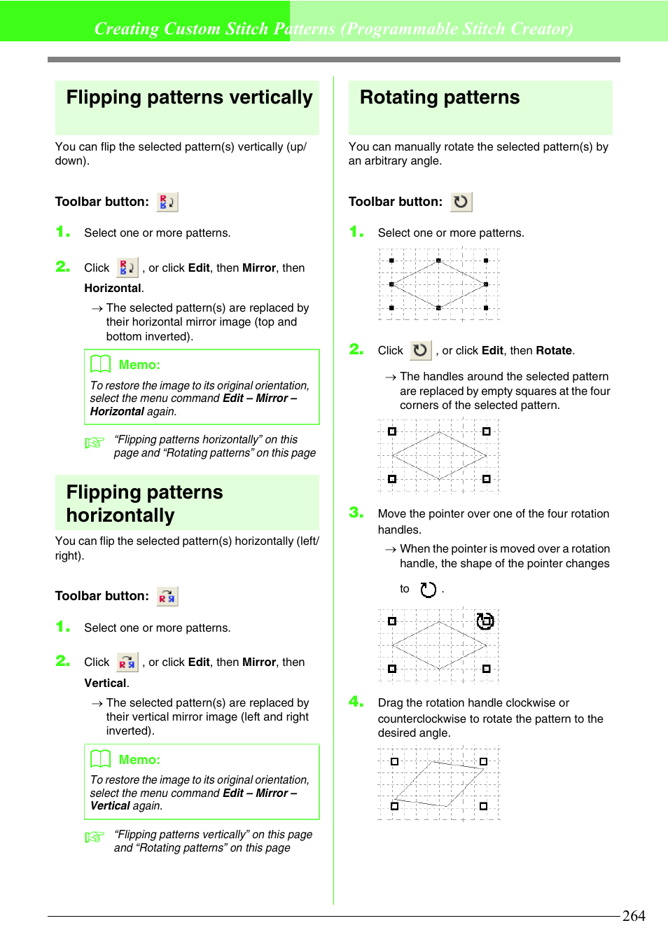 Flipping patterns vertically, Flipping patterns horizontally, Rotating patterns | Brother PE-DESIGN V7 User Manual | Page 270 / 361