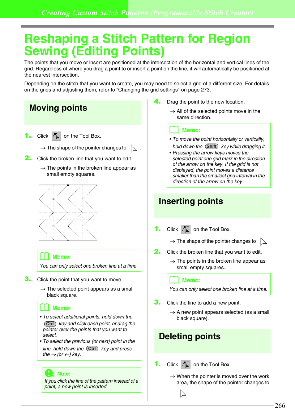 Moving points, Inserting points, Deleting points | Brother PE-DESIGN V7 User Manual | Page 272 / 361