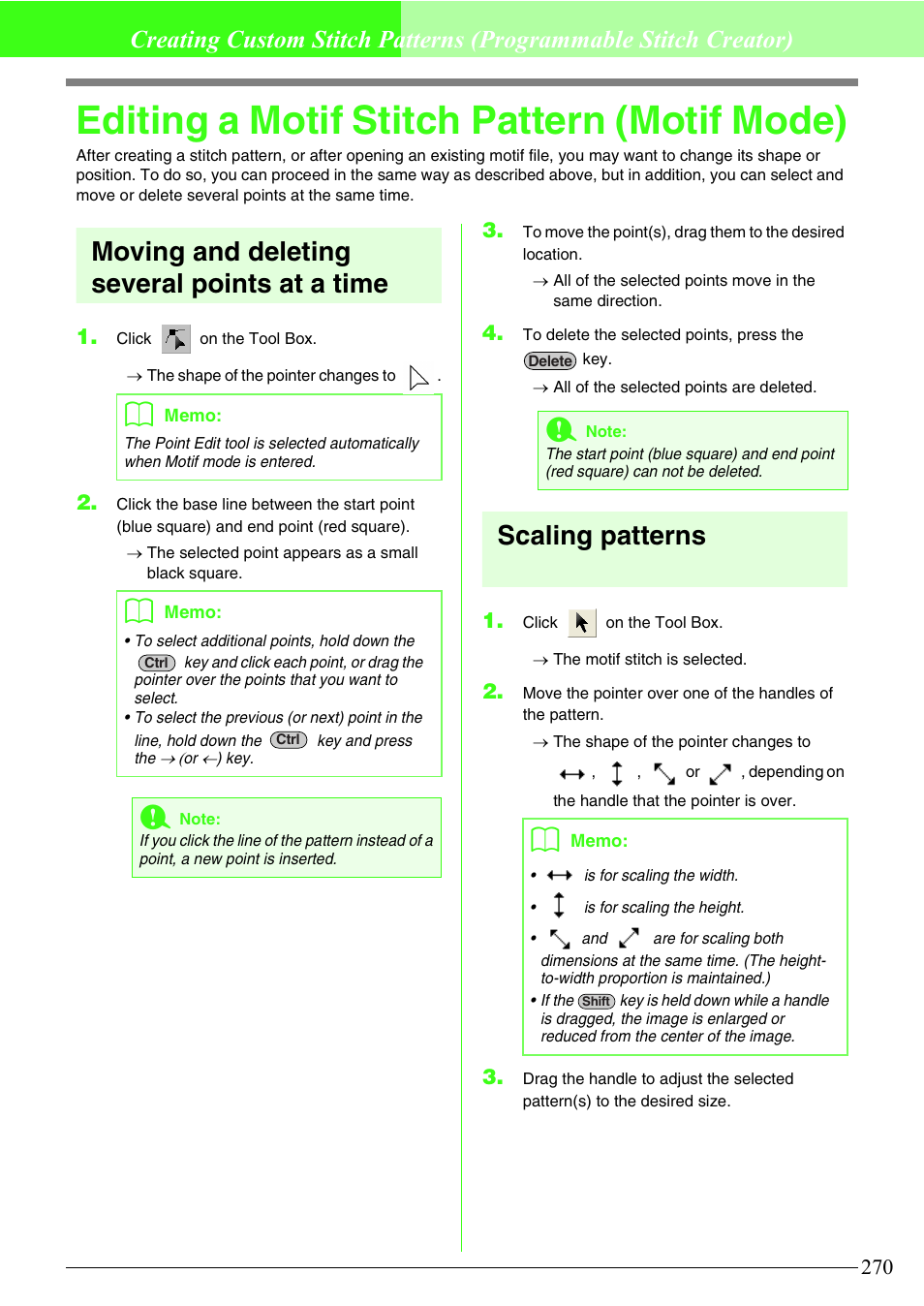 Editing a motif stitch pattern (motif mode), Moving and deleting several points at a time, Scaling patterns | Brother PE-DESIGN V7 User Manual | Page 276 / 361