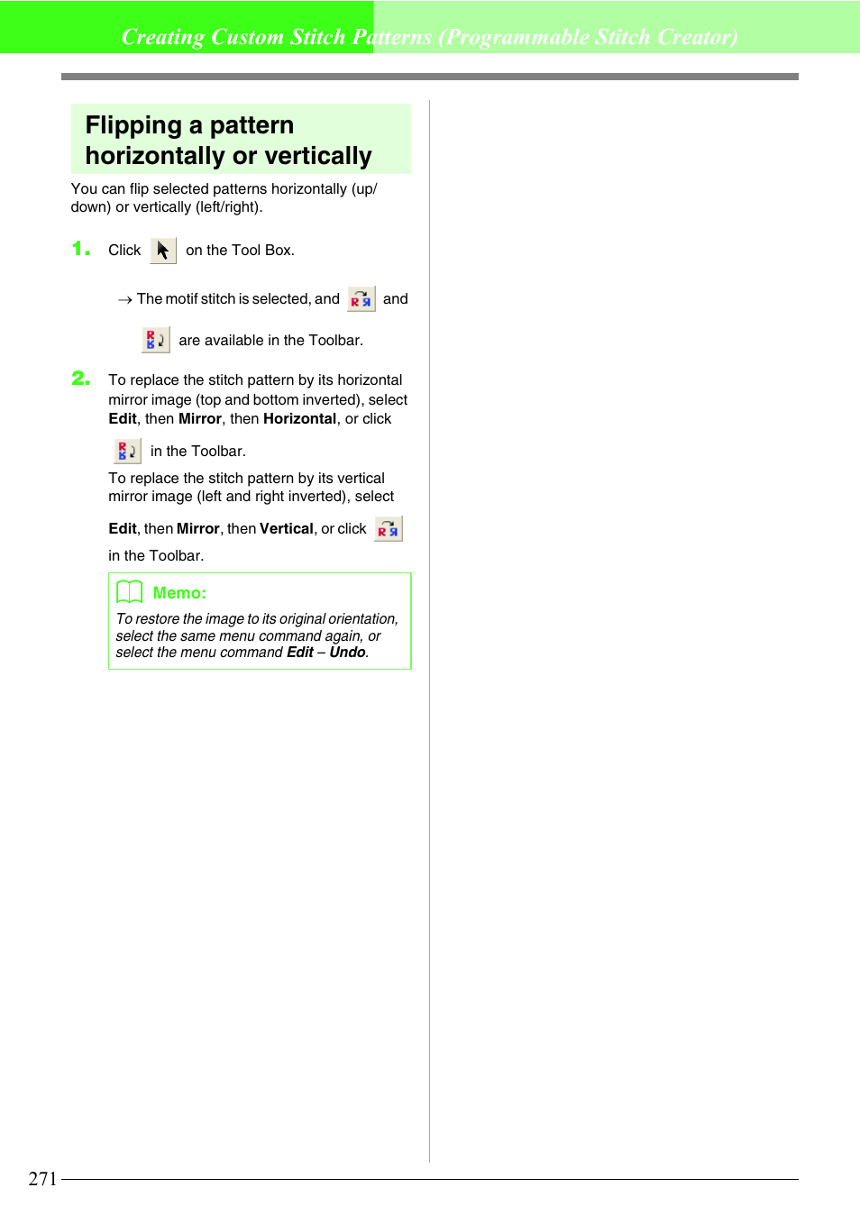 Flipping a pattern horizontally or vertically | Brother PE-DESIGN V7 User Manual | Page 277 / 361