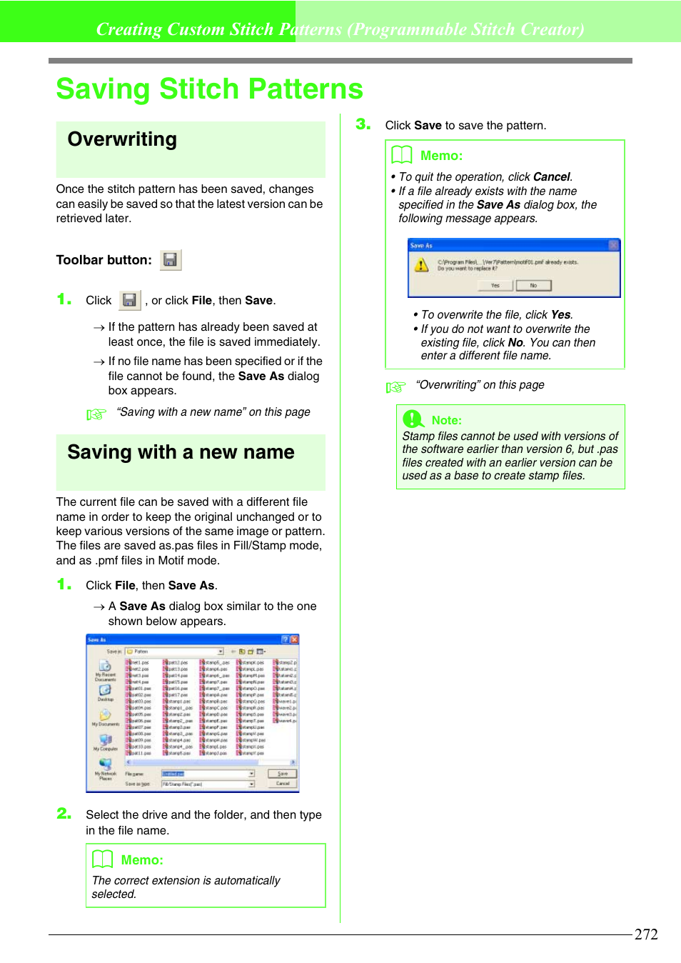 Saving stitch patterns, Overwriting, Saving with a new name | Brother PE-DESIGN V7 User Manual | Page 278 / 361