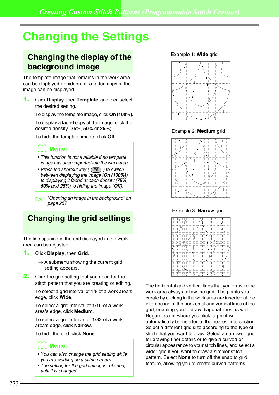 Changing the settings, Changing the display of the background image, Changing the grid settings | Brother PE-DESIGN V7 User Manual | Page 279 / 361