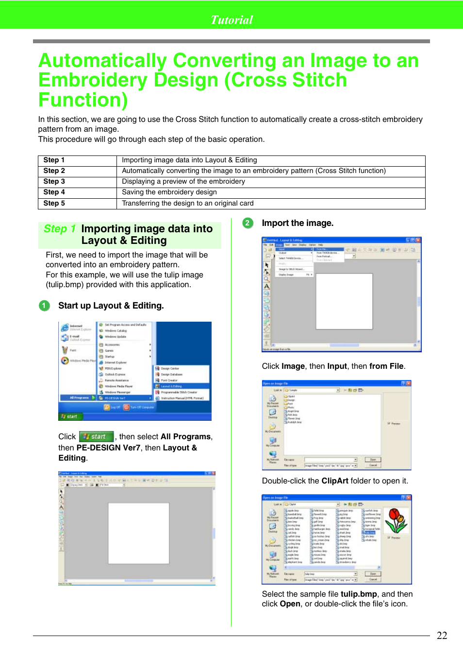 Tutorial, Step 1 importing image data into layout & editing | Brother PE-DESIGN V7 User Manual | Page 28 / 361