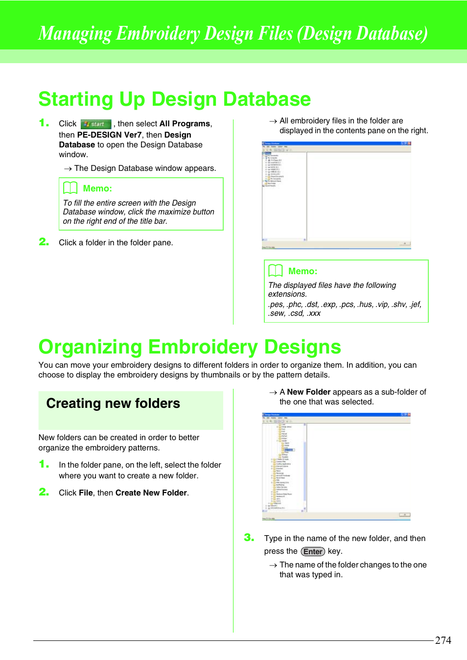 Managing embroidery design files (design database), Starting up design database, Organizing embroidery designs | Creating new folders | Brother PE-DESIGN V7 User Manual | Page 280 / 361