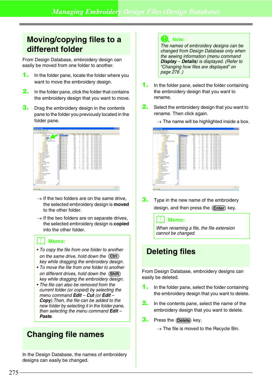 Moving/copying files to a different folder, Changing file names, Deleting files | Managing embroidery design files (design database) | Brother PE-DESIGN V7 User Manual | Page 281 / 361