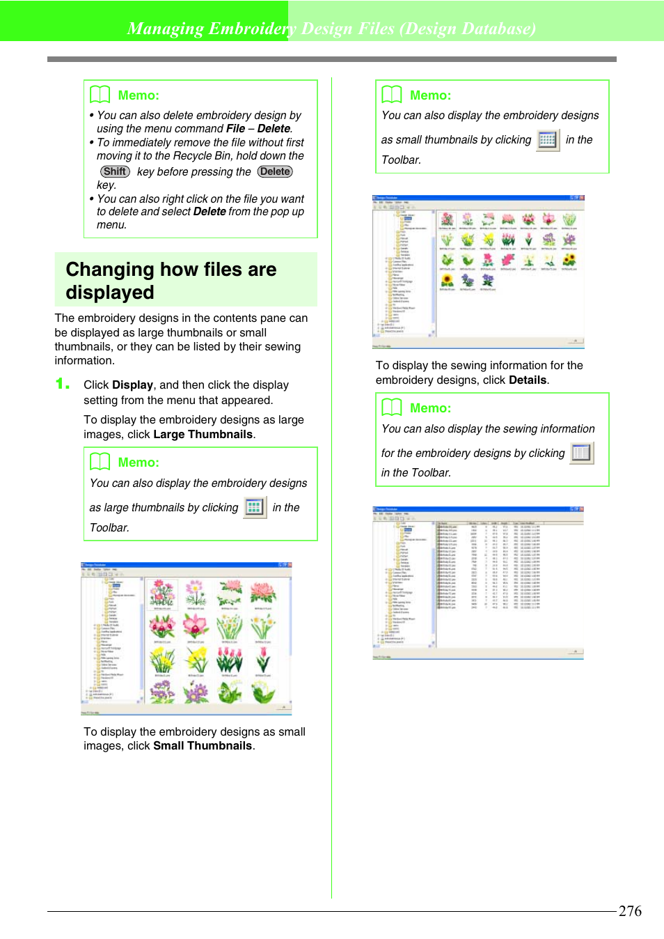 Changing how files are displayed, Managing embroidery design files (design database) | Brother PE-DESIGN V7 User Manual | Page 282 / 361