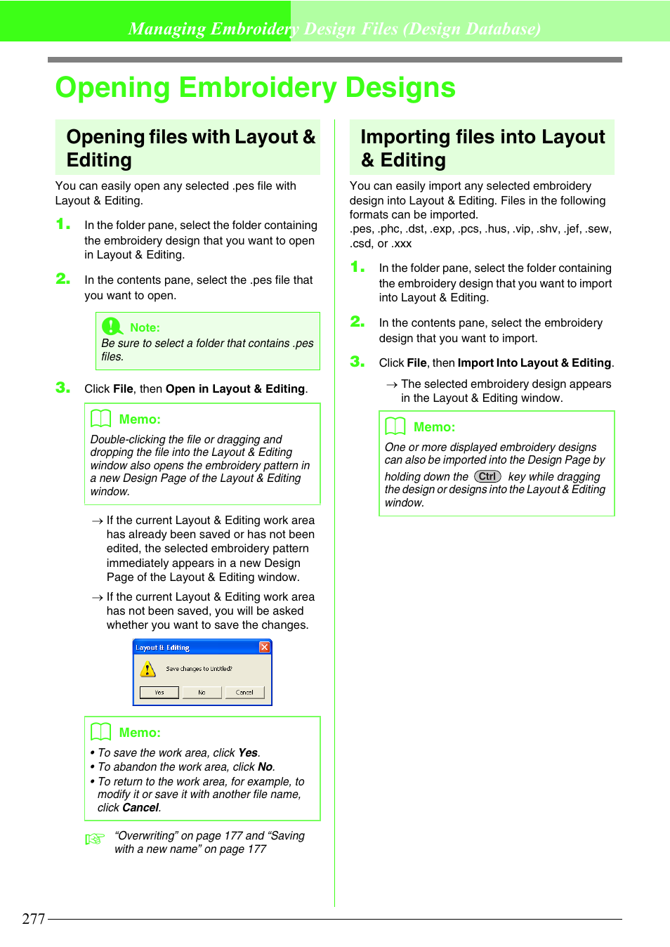 Opening embroidery designs, Opening files with layout & editing, Importing files into layout & editing | Managing embroidery design files (design database) | Brother PE-DESIGN V7 User Manual | Page 283 / 361