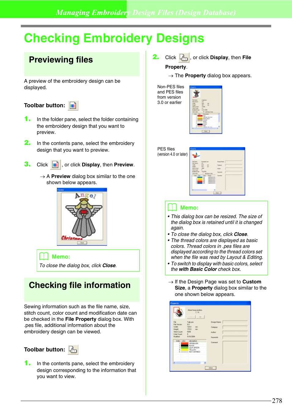 Checking embroidery designs, Previewing files, Checking file information | Managing embroidery design files (design database) | Brother PE-DESIGN V7 User Manual | Page 284 / 361