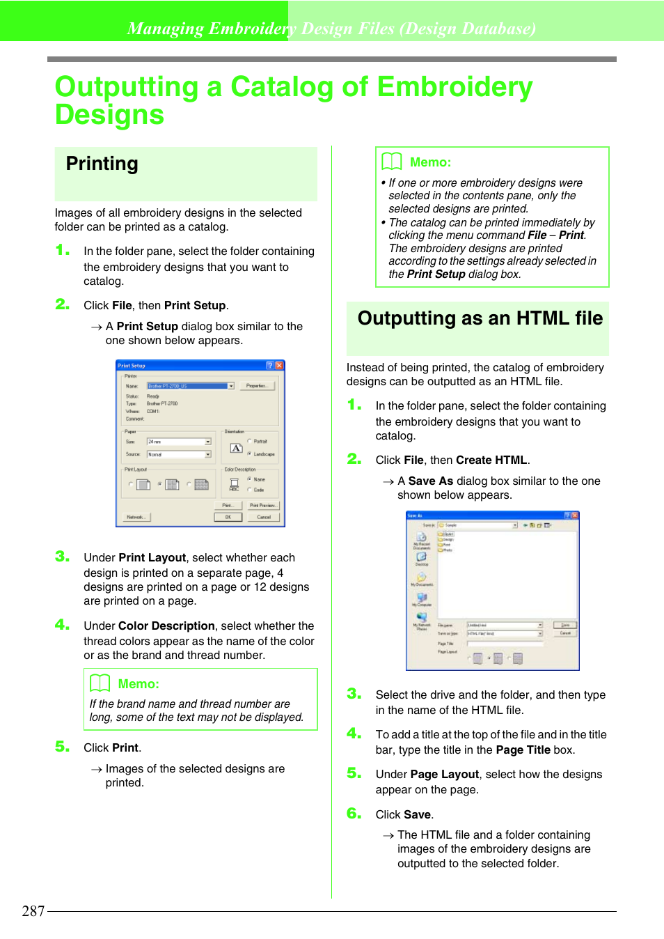 Outputting a catalog of embroidery designs, Printing, Outputting as an html file | Managing embroidery design files (design database) | Brother PE-DESIGN V7 User Manual | Page 293 / 361