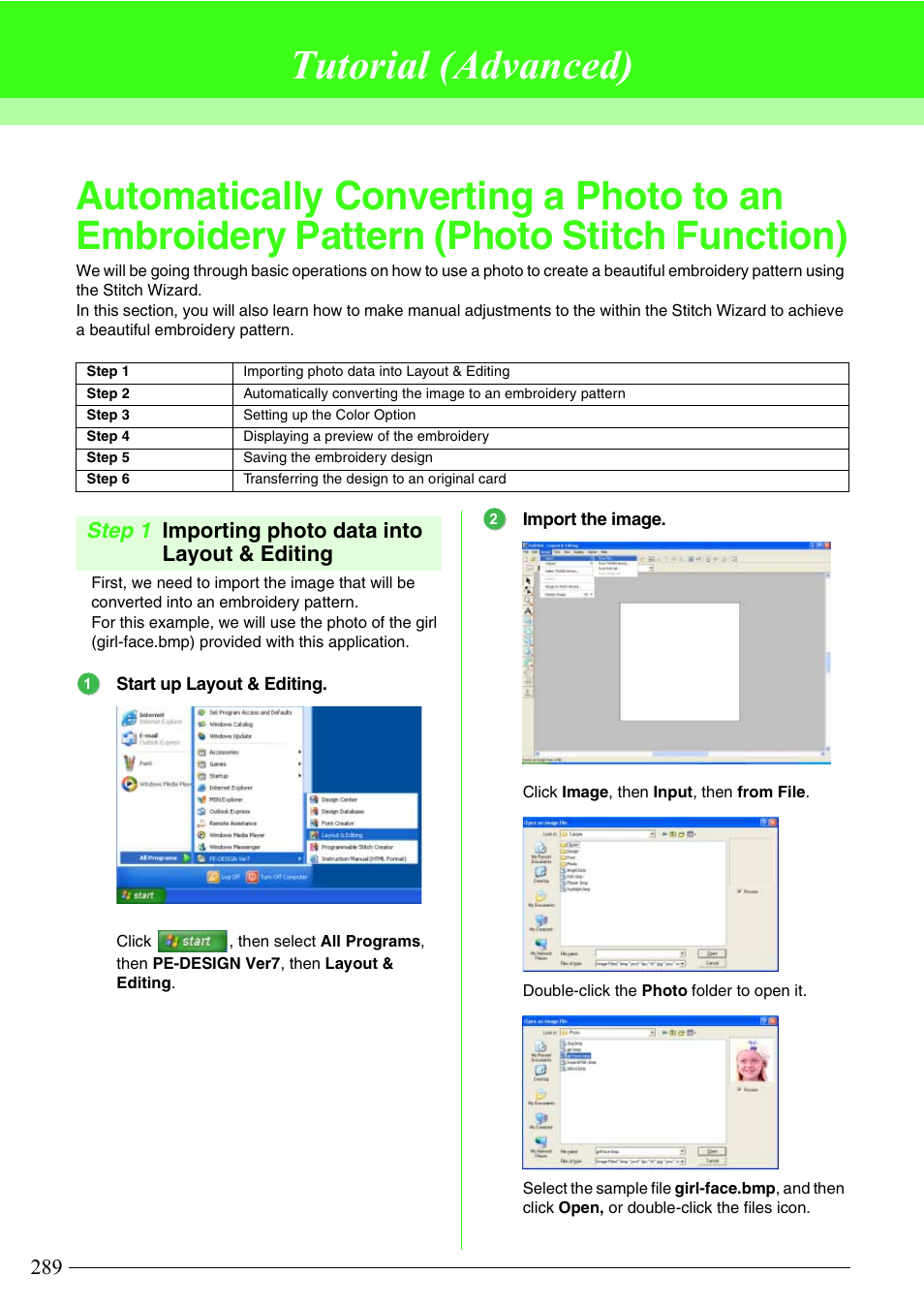 Tutorial (advanced), Step 1 importing photo data into layout & editing | Brother PE-DESIGN V7 User Manual | Page 295 / 361