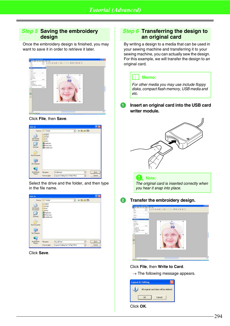 Tutorial (advanced), Step 5 saving the embroidery design, Step 6 transferring the design to an original card | Brother PE-DESIGN V7 User Manual | Page 300 / 361