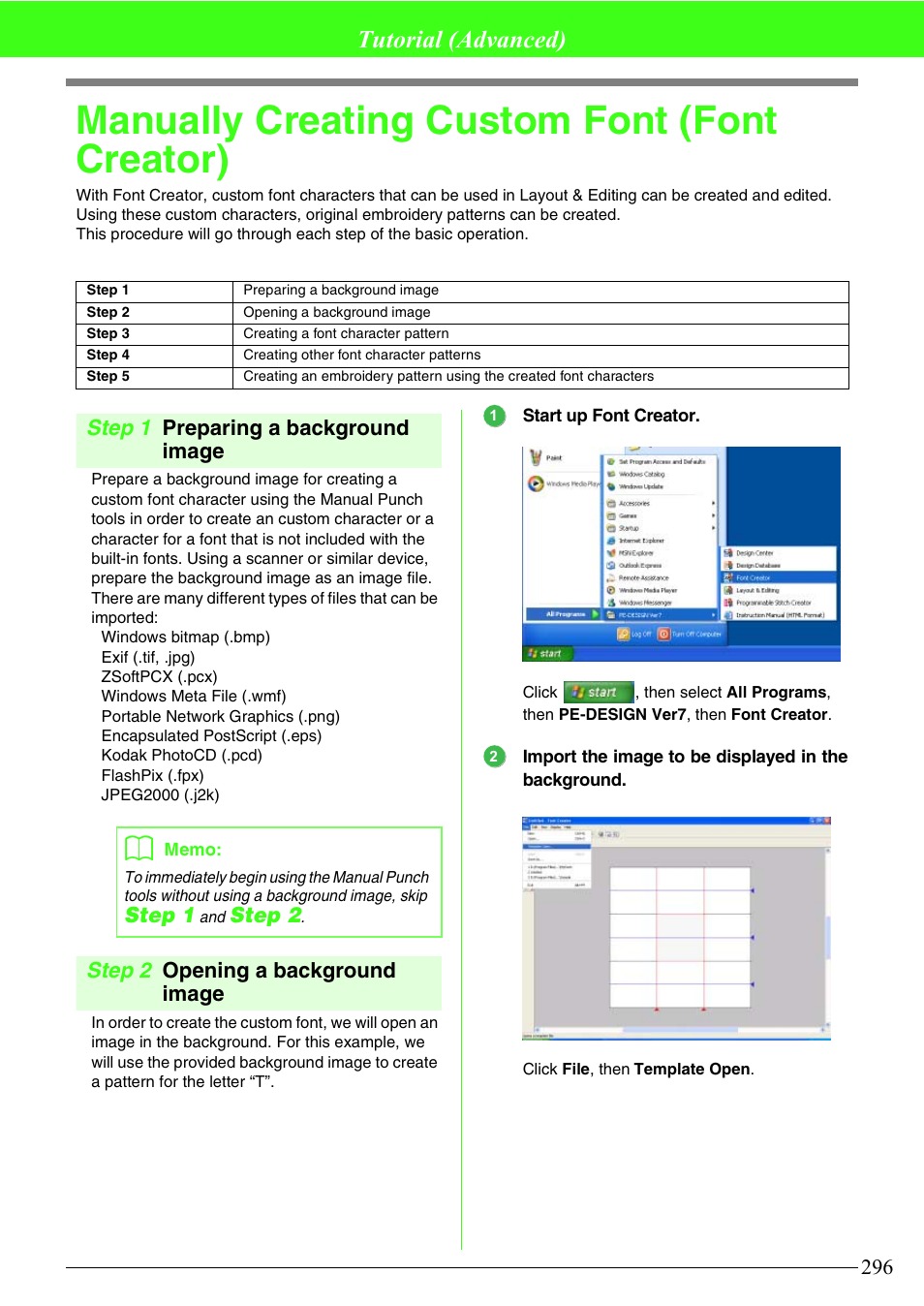 Manually creating custom font (font creator), Tutorial (advanced), Step 1 preparing a background image | Step 2 opening a background image, Step 1, Step 2 | Brother PE-DESIGN V7 User Manual | Page 302 / 361