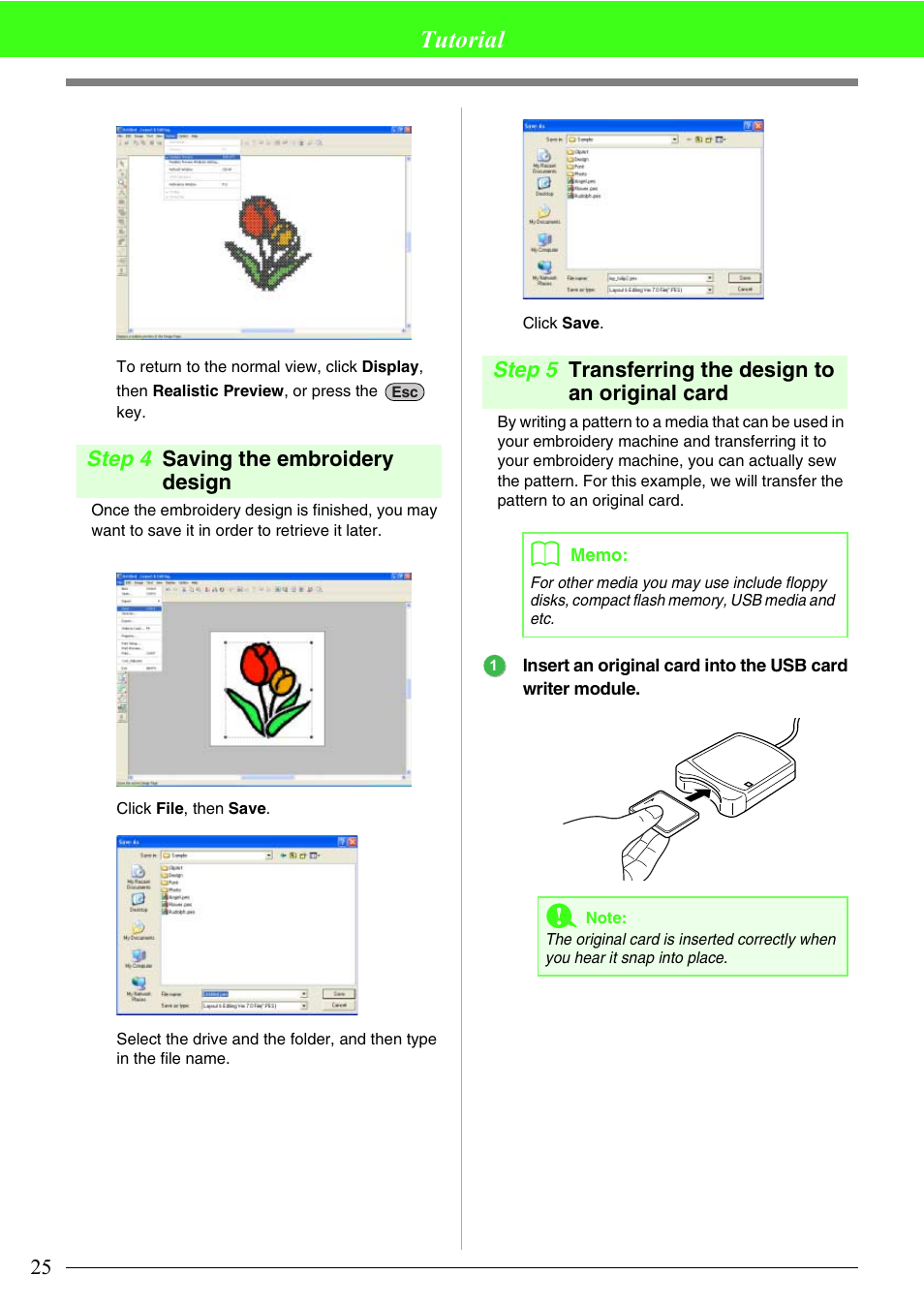 Tutorial, Step 4 saving the embroidery design, Step 5 transferring the design to an original card | Brother PE-DESIGN V7 User Manual | Page 31 / 361