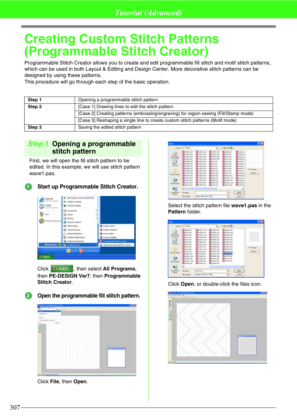 Tutorial (advanced), Step 1 opening a programmable stitch pattern | Brother PE-DESIGN V7 User Manual | Page 313 / 361