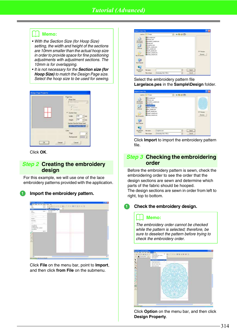 Tutorial (advanced), Step 2 creating the embroidery design, Step 3 checking the embroidering order | Brother PE-DESIGN V7 User Manual | Page 320 / 361