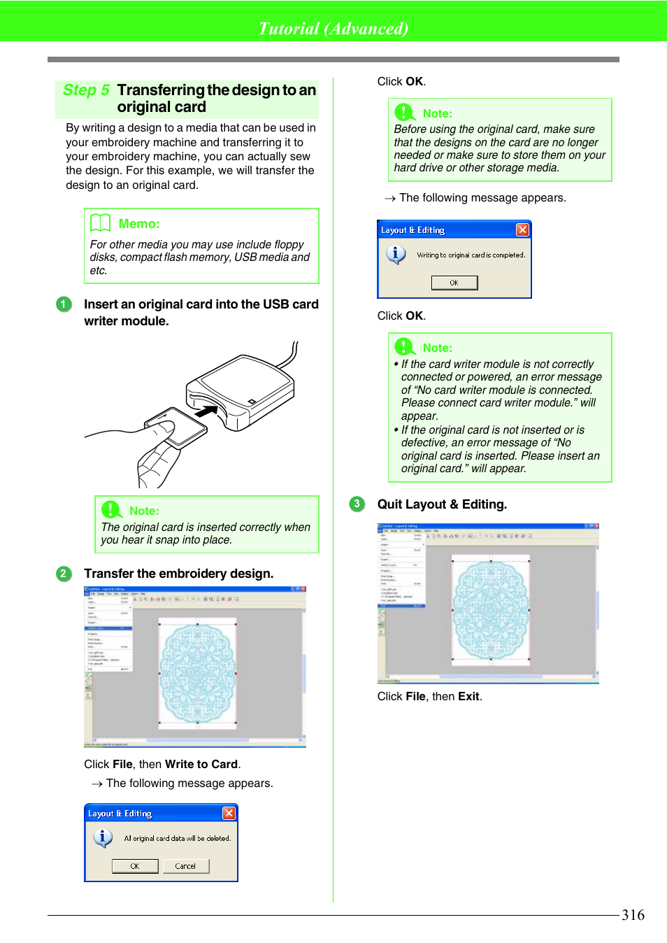 Tutorial (advanced), Step 5 transferring the design to an original card | Brother PE-DESIGN V7 User Manual | Page 322 / 361