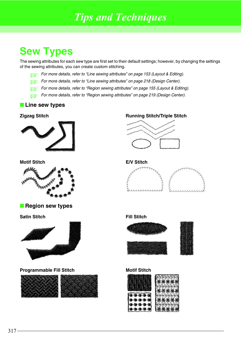 Tips and techniques, Sew types | Brother PE-DESIGN V7 User Manual | Page 323 / 361