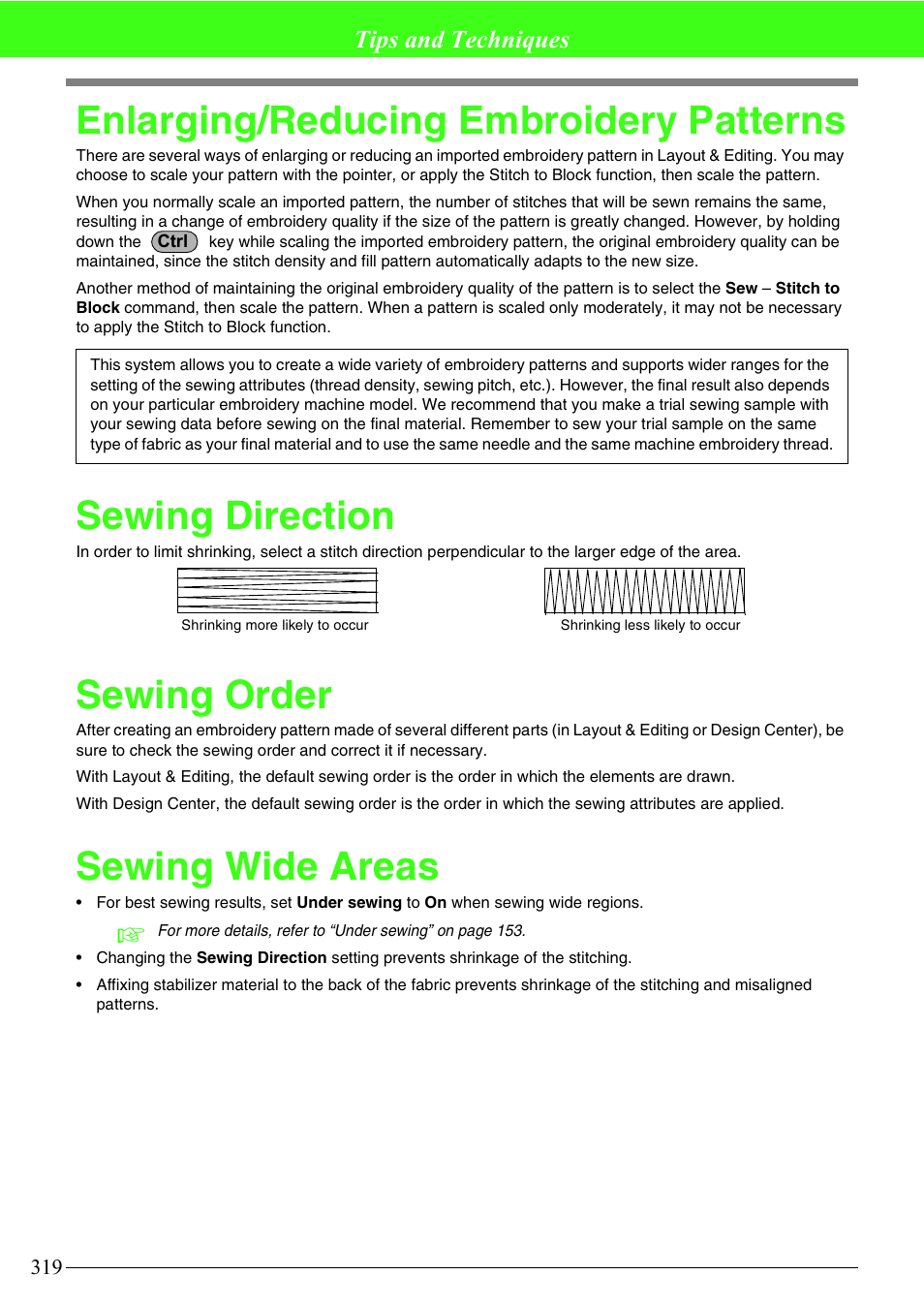 Enlarging/reducing embroidery patterns, Sewing direction, Sewing order | Sewing wide areas, Tips and techniques | Brother PE-DESIGN V7 User Manual | Page 325 / 361