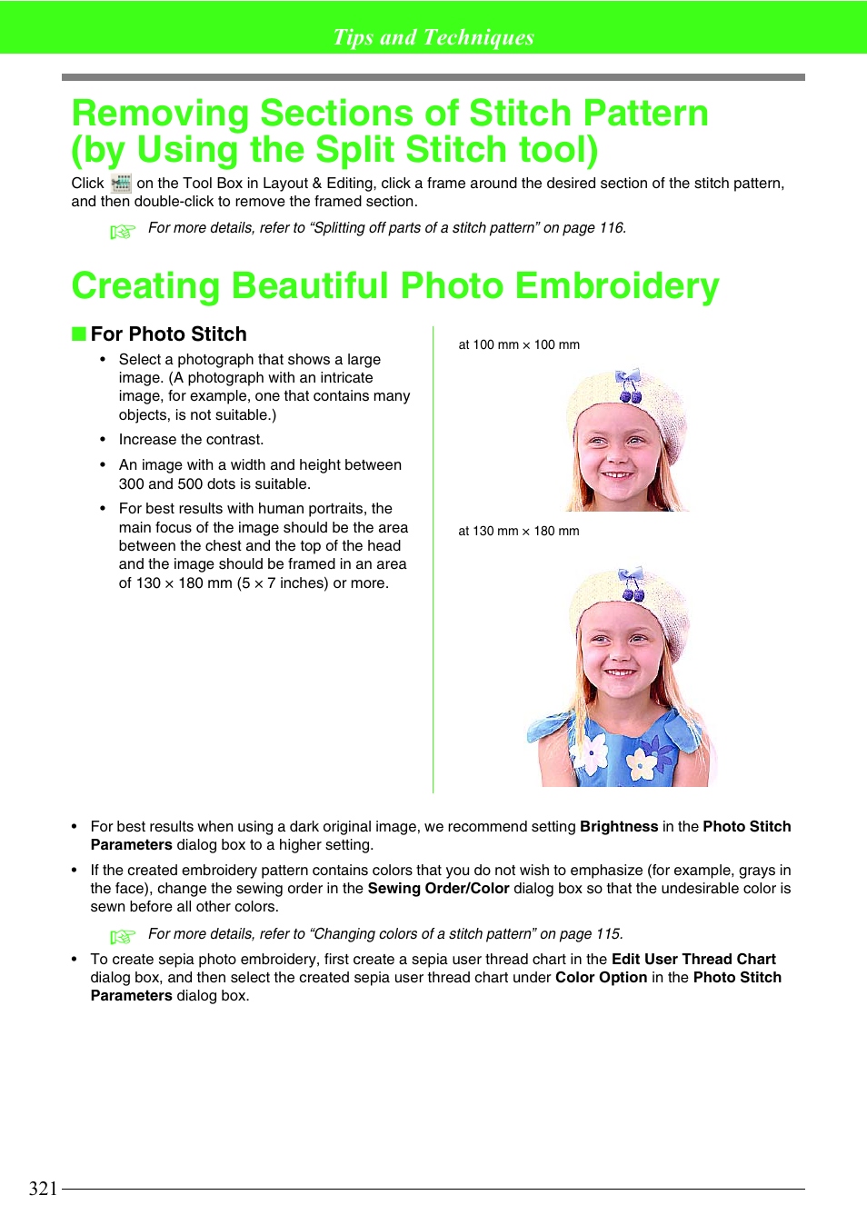 Creating beautiful photo embroidery, Tips and techniques | Brother PE-DESIGN V7 User Manual | Page 327 / 361