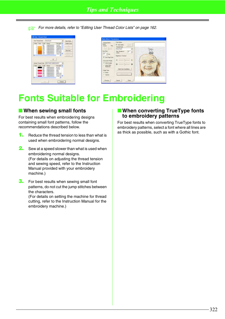 Fonts suitable for embroidering, Tips and techniques | Brother PE-DESIGN V7 User Manual | Page 328 / 361