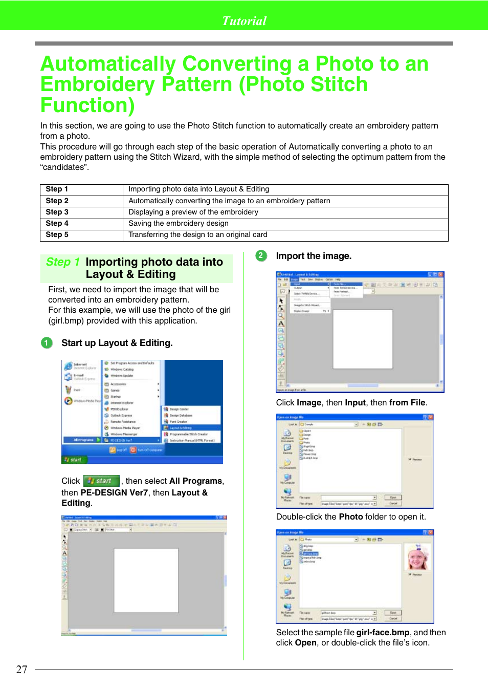 Tutorial, Step 1 importing photo data into layout & editing | Brother PE-DESIGN V7 User Manual | Page 33 / 361