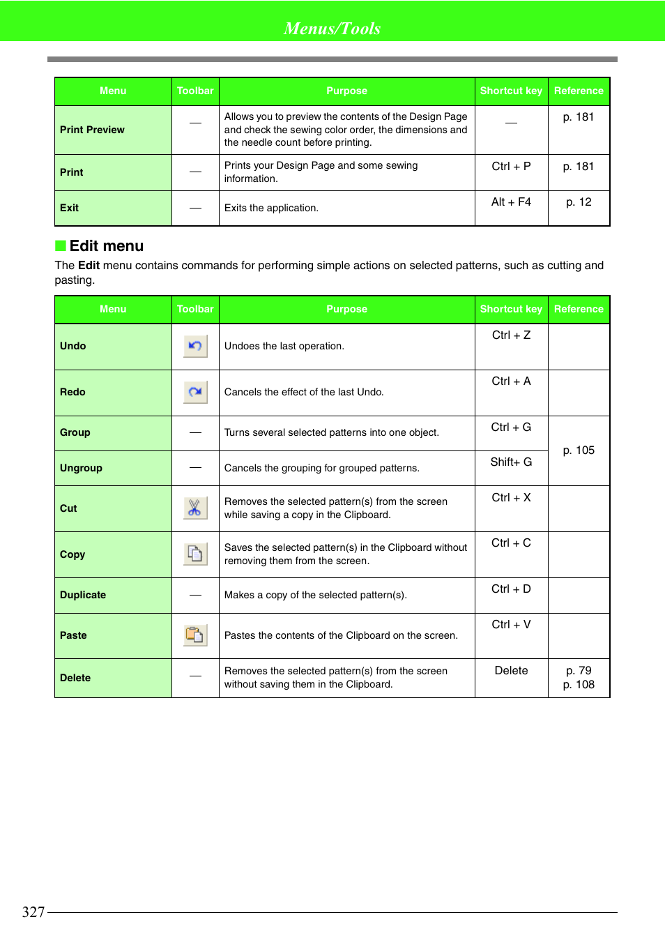 Menus/tools, Edit menu | Brother PE-DESIGN V7 User Manual | Page 333 / 361