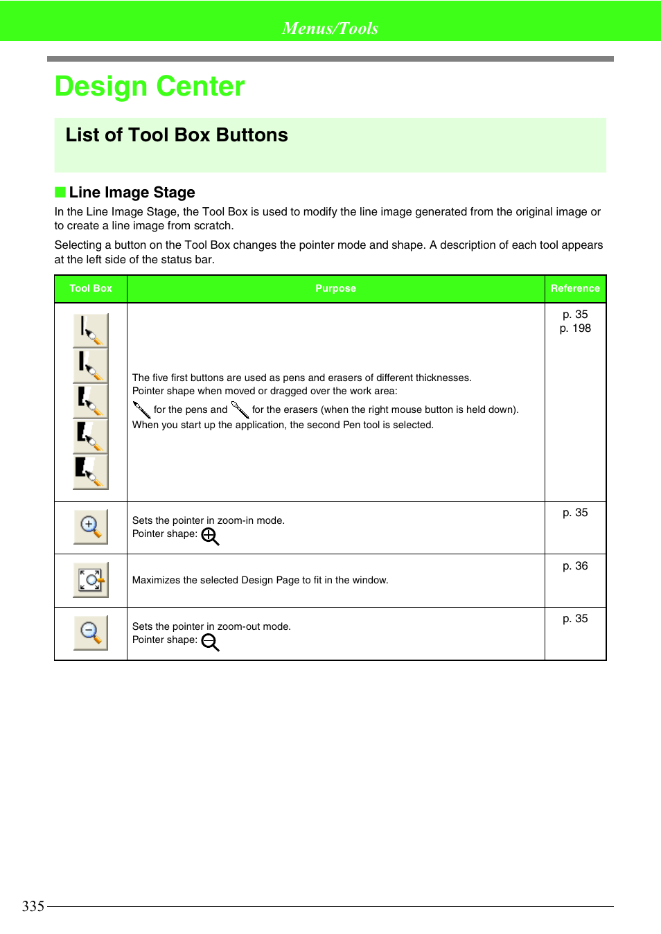 Design center, List of tool box buttons, Menus/tools | Line image stage | Brother PE-DESIGN V7 User Manual | Page 341 / 361