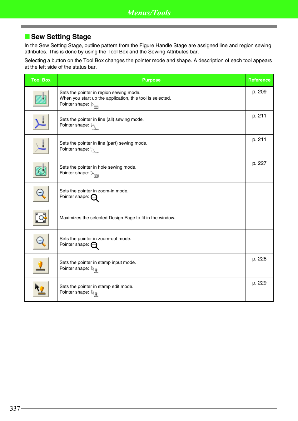 Menus/tools, Sew setting stage | Brother PE-DESIGN V7 User Manual | Page 343 / 361