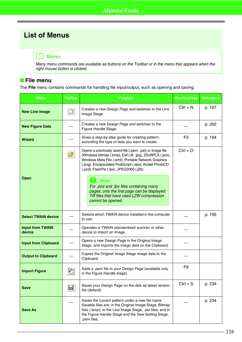 List of menus, Menus/tools, File menu | Brother PE-DESIGN V7 User Manual | Page 344 / 361