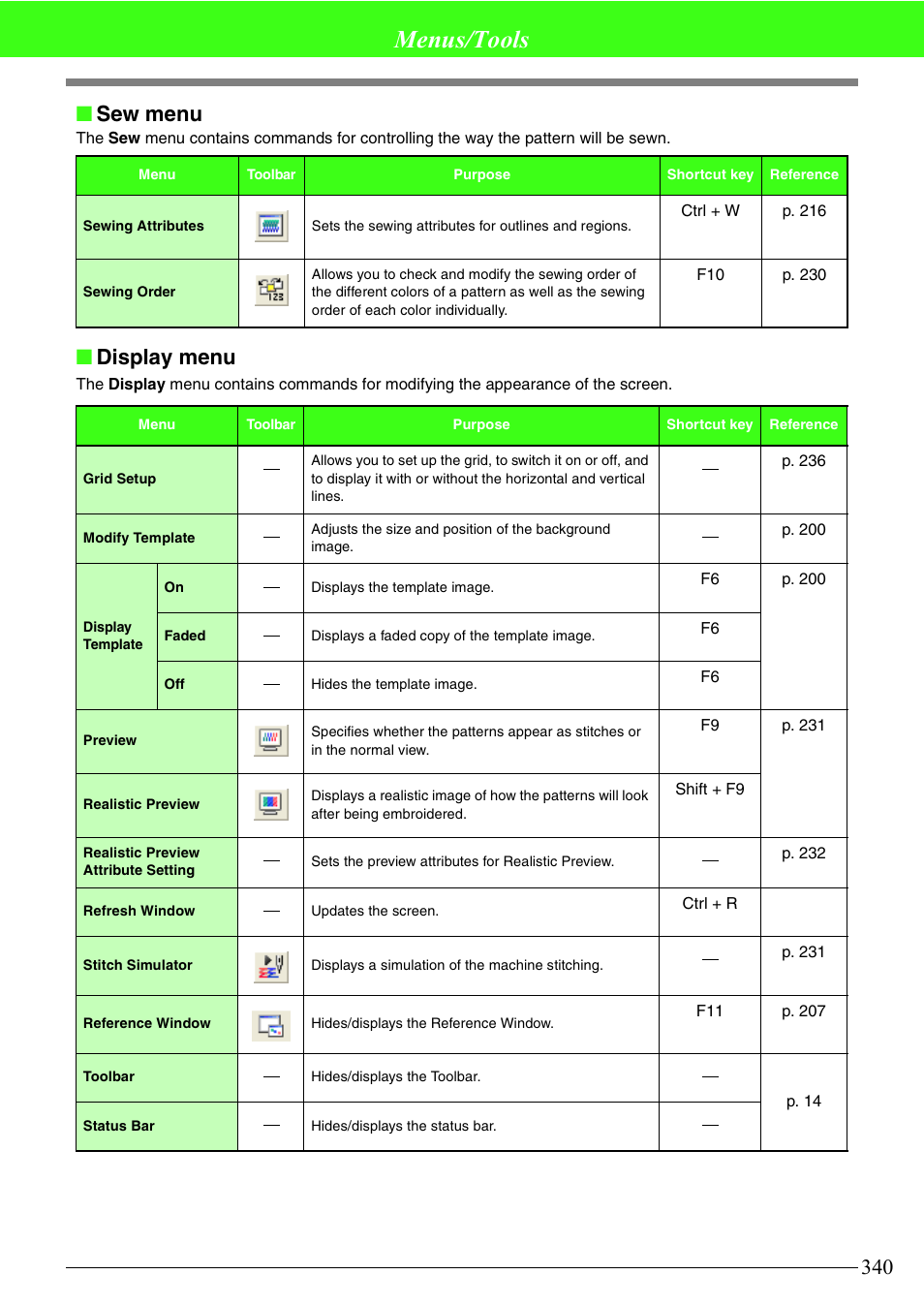 Menus/tools, Sew menu, Display menu | Brother PE-DESIGN V7 User Manual | Page 346 / 361