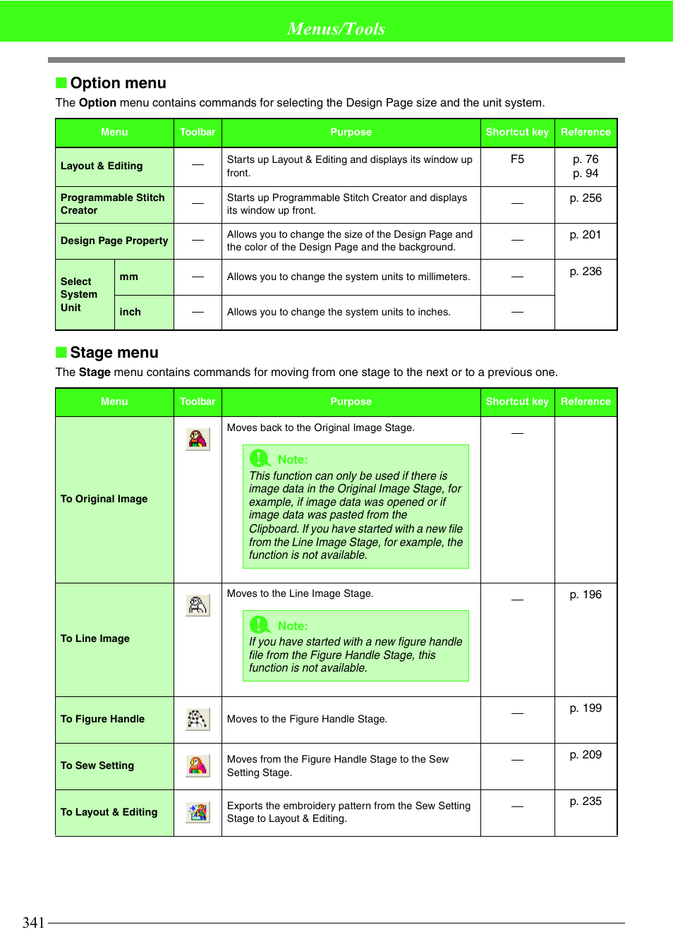 Menus/tools, Option menu, Stage menu | Brother PE-DESIGN V7 User Manual | Page 347 / 361