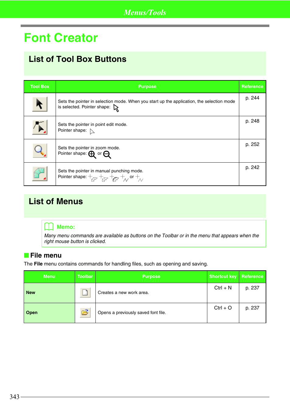 Font creator, List of tool box buttons list of menus, Menus/tools | File menu | Brother PE-DESIGN V7 User Manual | Page 349 / 361