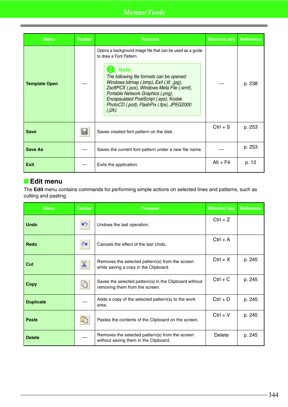 Menus/tools, Edit menu | Brother PE-DESIGN V7 User Manual | Page 350 / 361