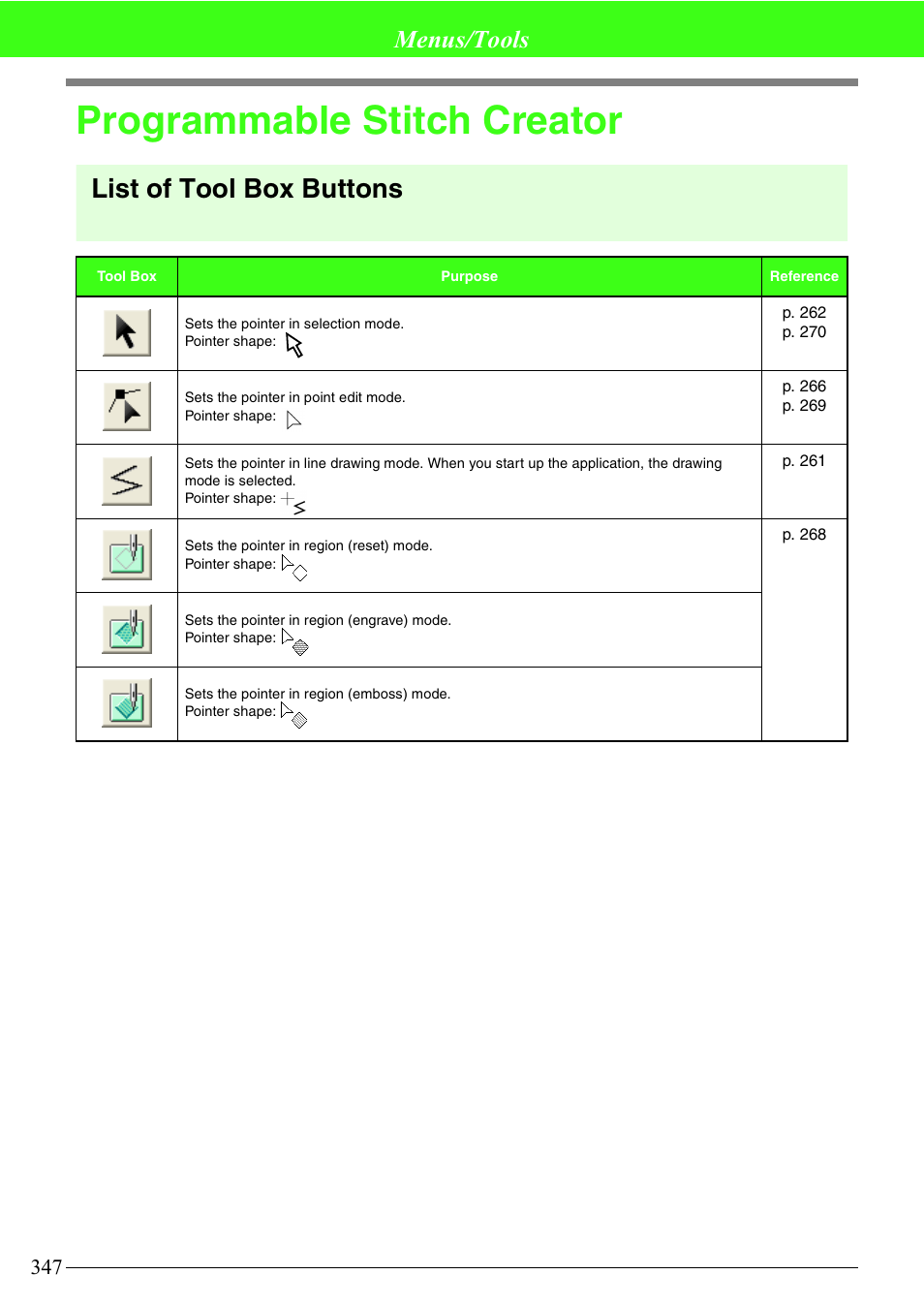 Programmable stitch creator, List of tool box buttons, Menus/tools | Brother PE-DESIGN V7 User Manual | Page 353 / 361