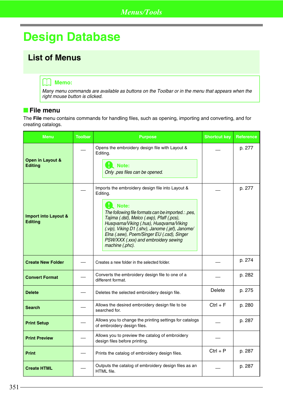 Design database, List of menus, Menus/tools | File menu | Brother PE-DESIGN V7 User Manual | Page 357 / 361