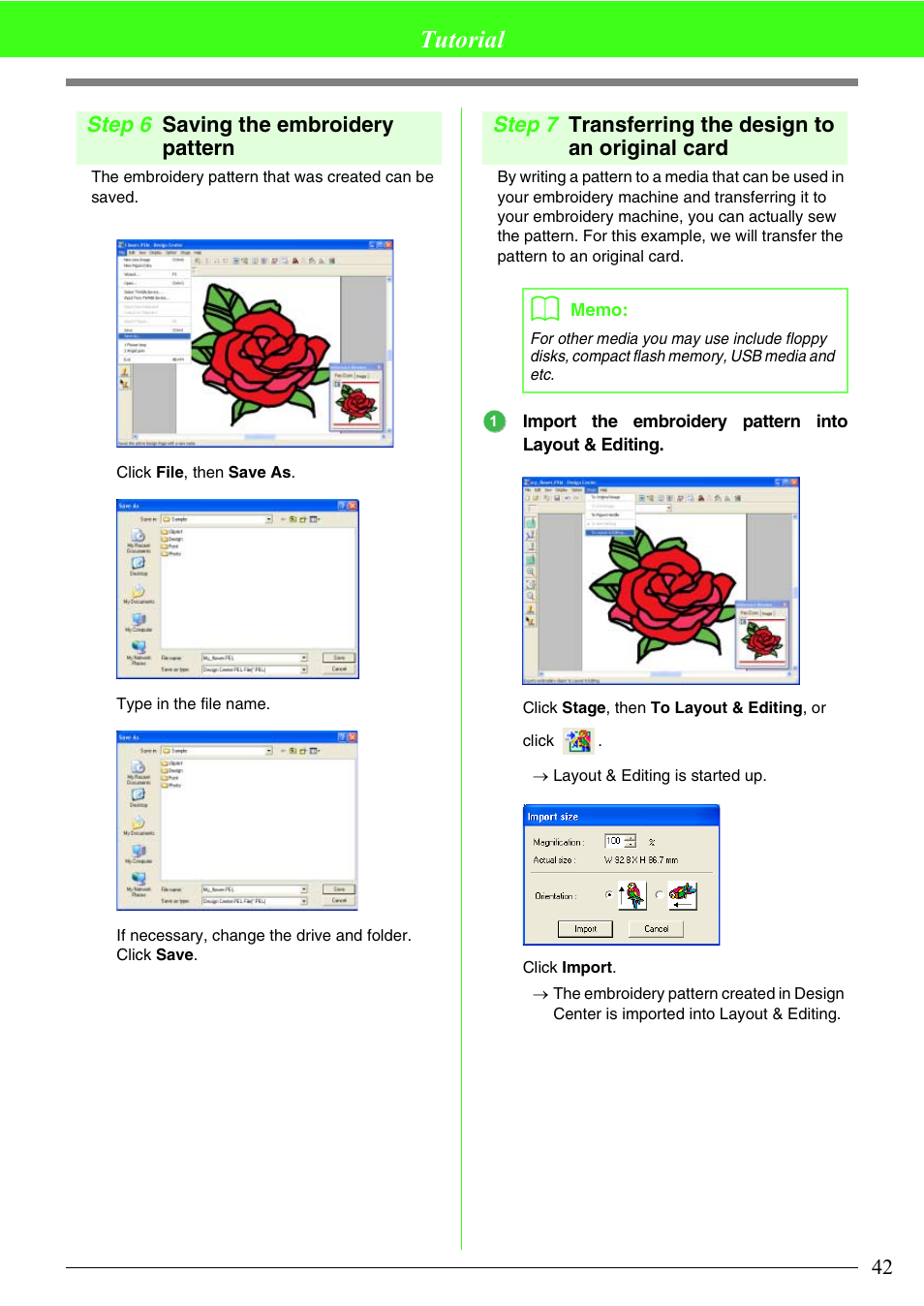 Tutorial, Step 6 saving the embroidery pattern, Step 7 transferring the design to an original card | Brother PE-DESIGN V7 User Manual | Page 48 / 361