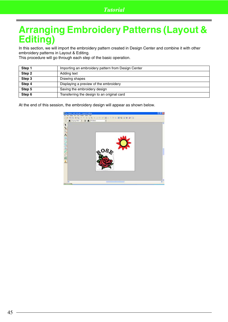 Arranging embroidery patterns (layout & editing), Tutorial | Brother PE-DESIGN V7 User Manual | Page 51 / 361