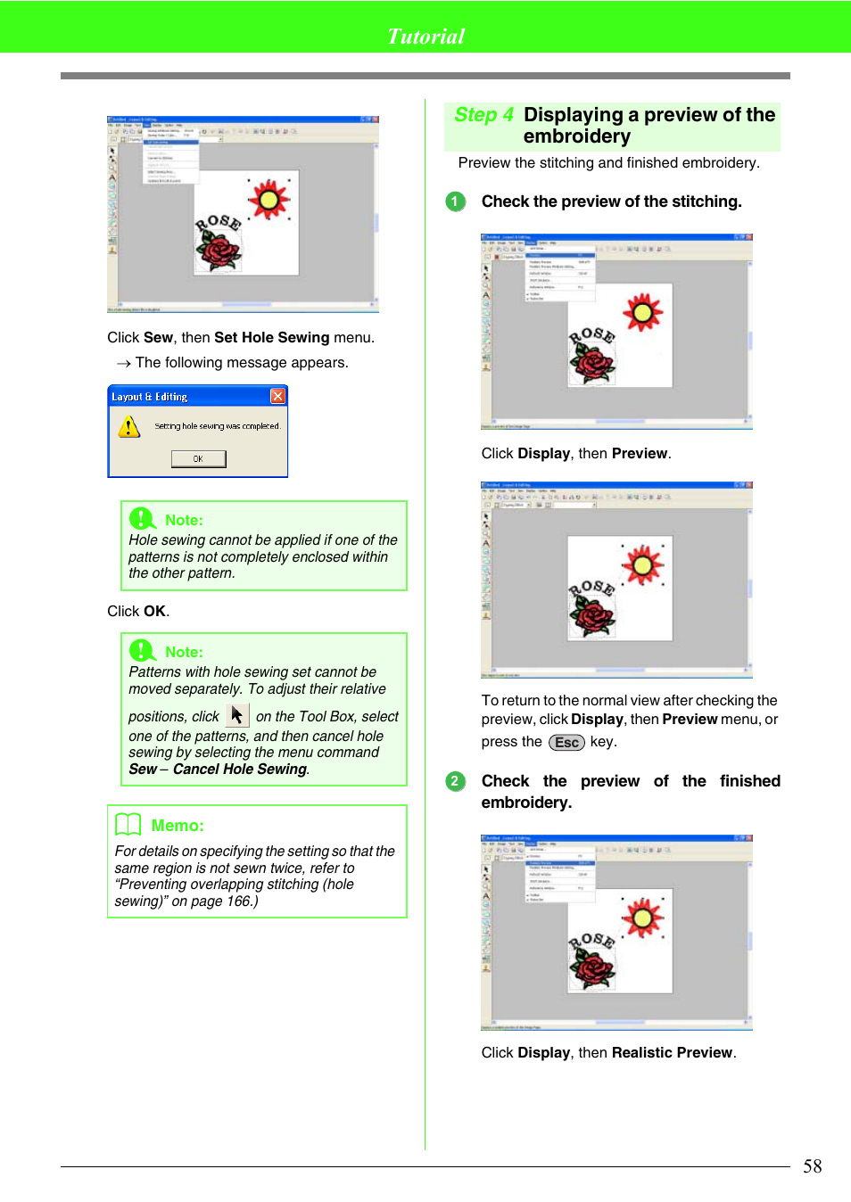 Tutorial, Step 4 displaying a preview of the embroidery | Brother PE-DESIGN V7 User Manual | Page 64 / 361