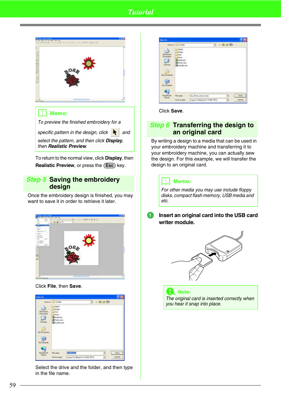 Tutorial, Step 5 saving the embroidery design, Step 6 transferring the design to an original card | Brother PE-DESIGN V7 User Manual | Page 65 / 361