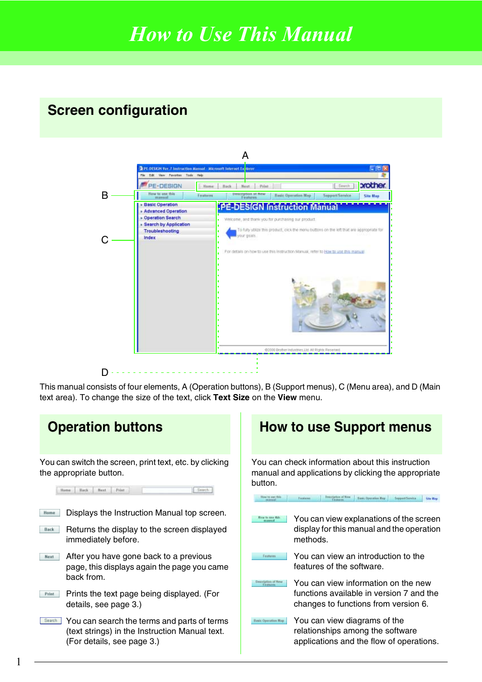 How to use this manual, Screen configuration, Operation buttons | How to use support menus | Brother PE-DESIGN V7 User Manual | Page 7 / 361