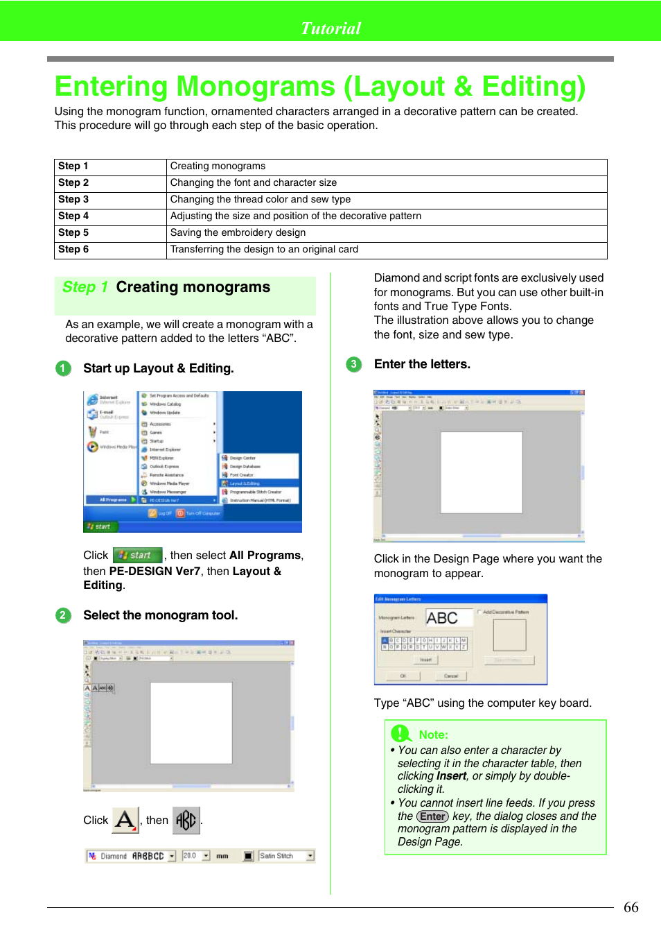 Entering monograms (layout & editing), Tutorial, Step 1 creating monograms | Brother PE-DESIGN V7 User Manual | Page 72 / 361