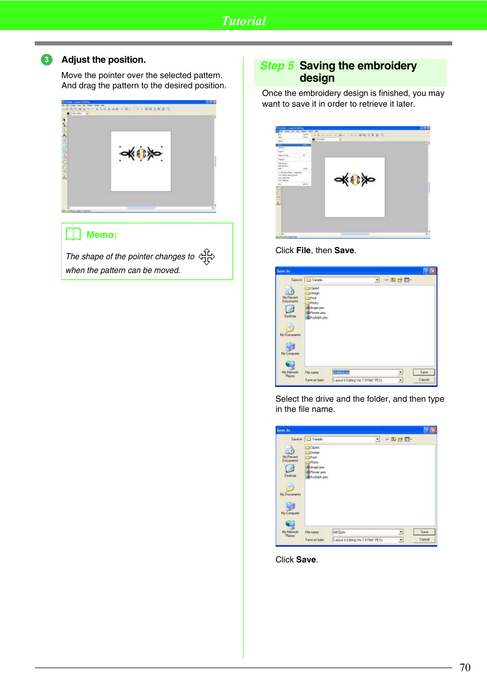 Tutorial, Step 5 saving the embroidery design | Brother PE-DESIGN V7 User Manual | Page 76 / 361