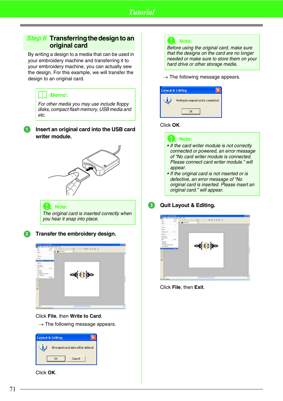 Tutorial, Step 6 transferring the design to an original card | Brother PE-DESIGN V7 User Manual | Page 77 / 361