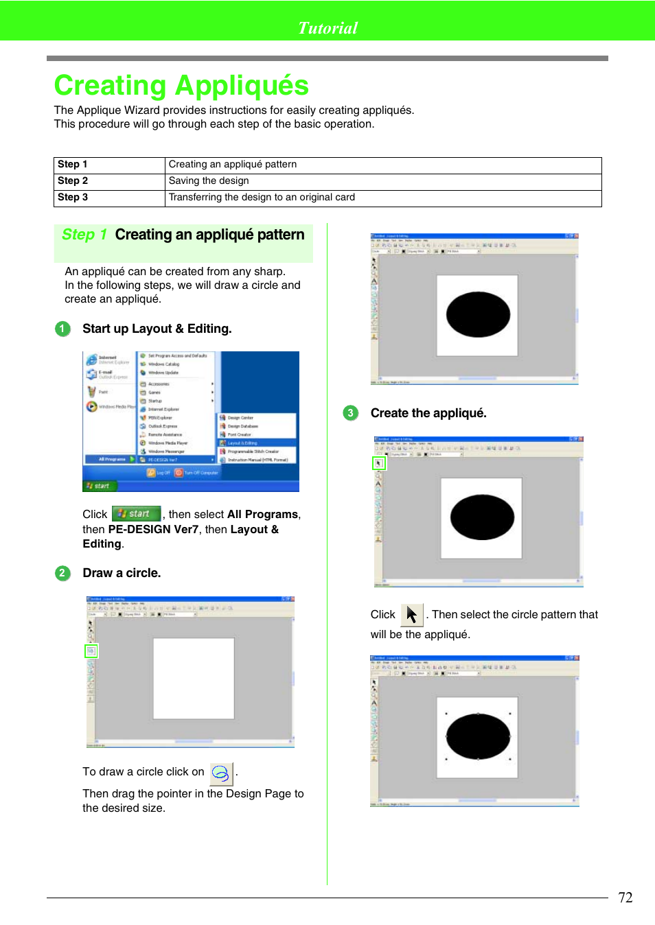 Creating appliqués, Tutorial, Step 1 creating an appliqué pattern | Brother PE-DESIGN V7 User Manual | Page 78 / 361