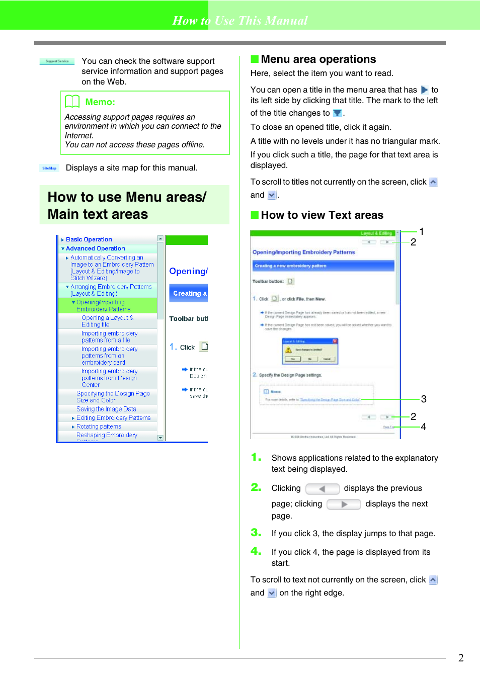 How to use menu areas/ main text areas, How to use this manual, Menu area operations | How to view text areas 1 | Brother PE-DESIGN V7 User Manual | Page 8 / 361